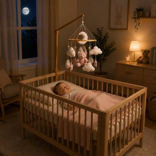 Bébé dort paisiblement dans son lit avec un mobile pour bébé ours rose dans une chambre douce et chaleureuse
