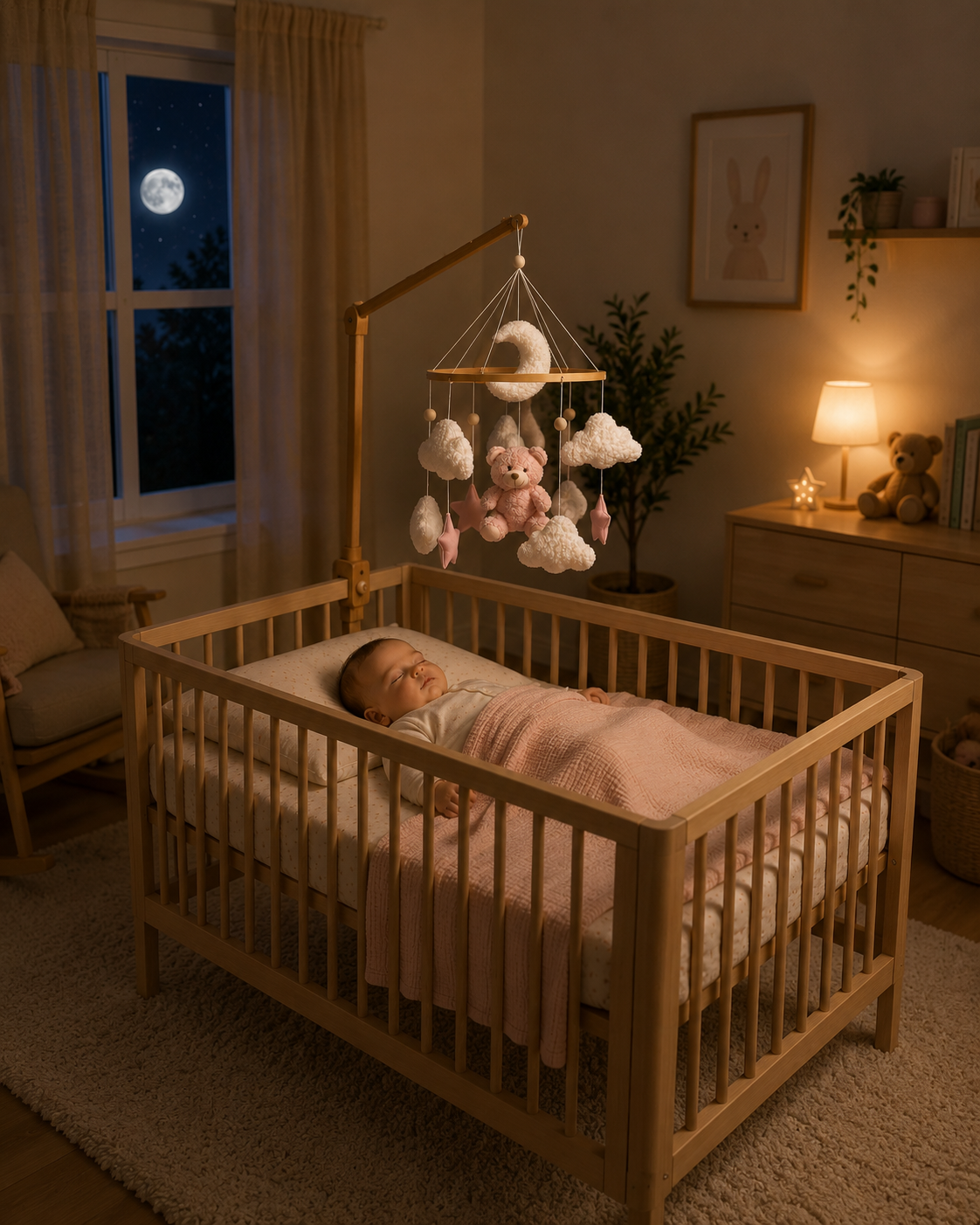 Bébé dort paisiblement dans son lit avec un mobile pour bébé ours rose dans une chambre douce et chaleureuse