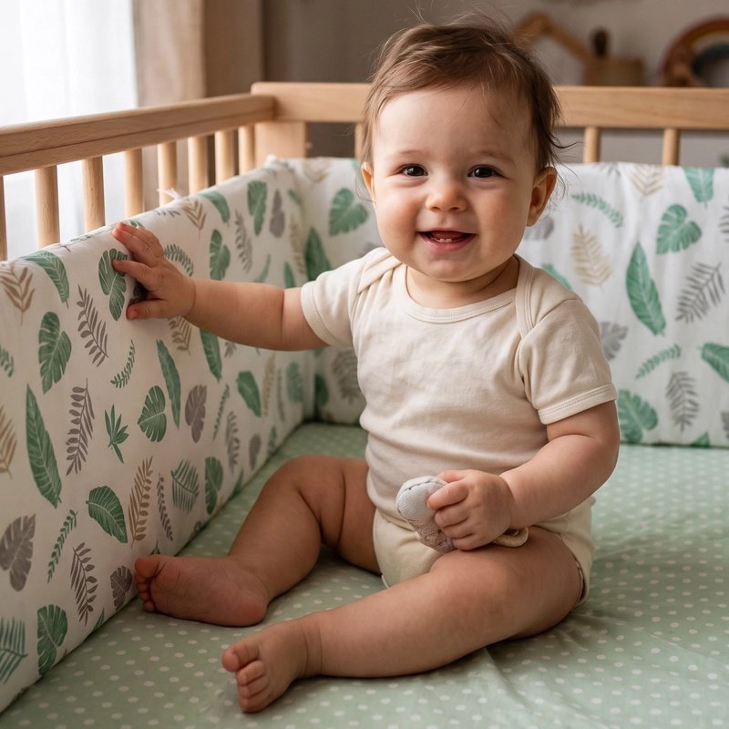 Bébé joue dans son lit avec un tour de lit bebe à motifs de feuilles vertes.