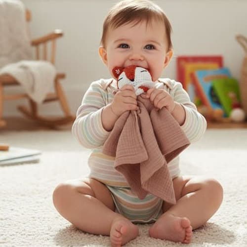 bebe serre son doudou avec amour