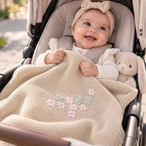 Bébé souriant dans sa poussette avec une couverture tricot pour bebe beige ornée d’un délicat motif fleuri