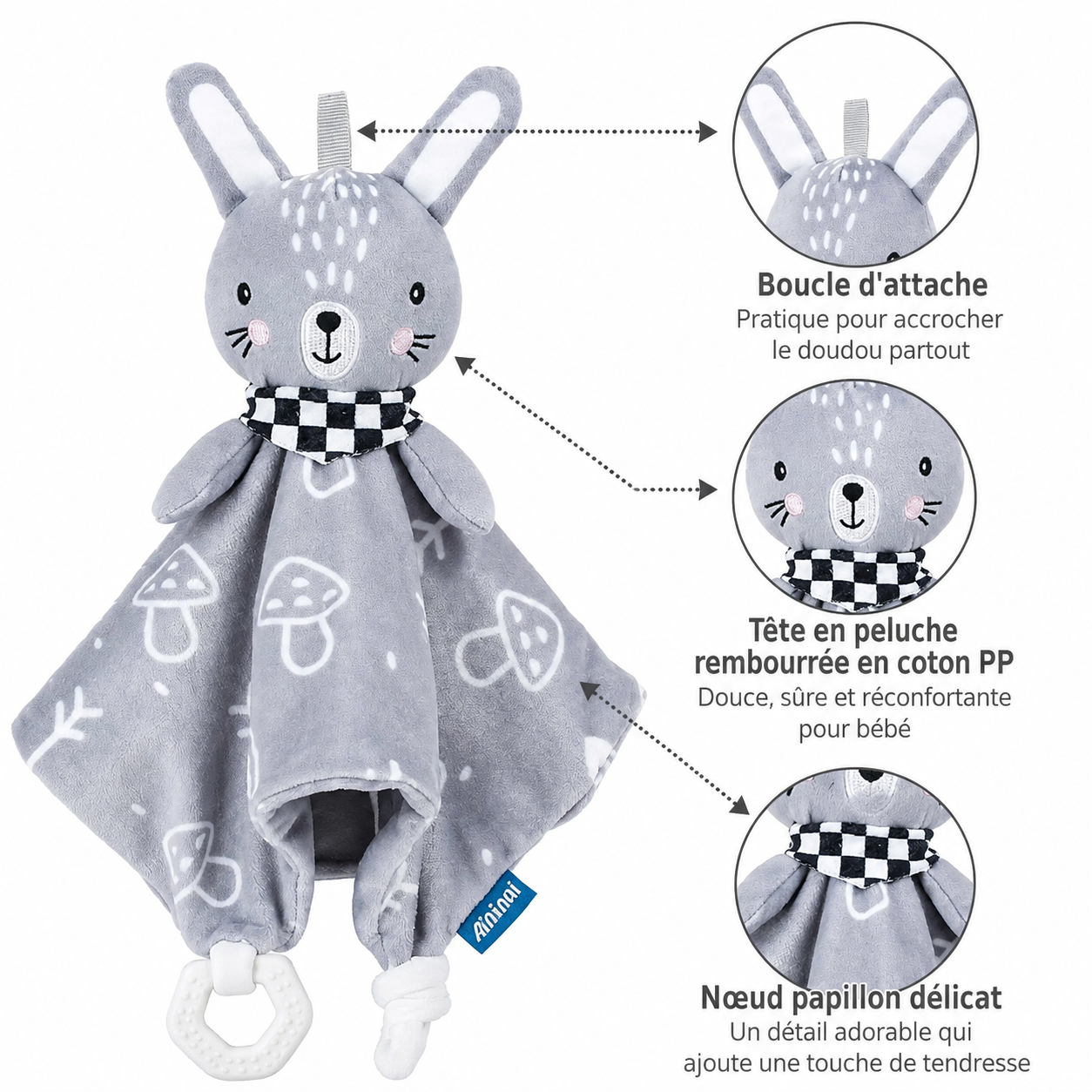 doudou lapin gris en tissu ultra doux avec anneau de dentition boucle d attache tete en peluche et finitions soignees