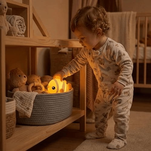 jeune enfant prenant une veilleuse led poisson clown dans un panier de jouets pour accompagner le rituel du coucher