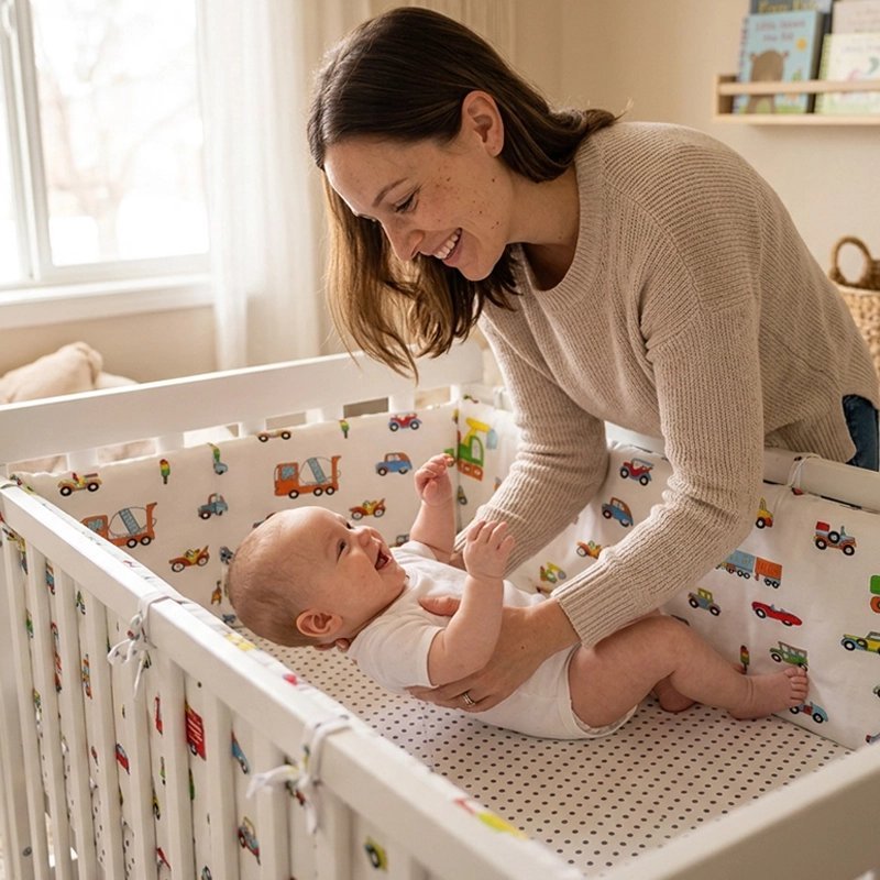 Maman installe délicatement un tour de lit bébé à motifs de véhicules autour du berceau
