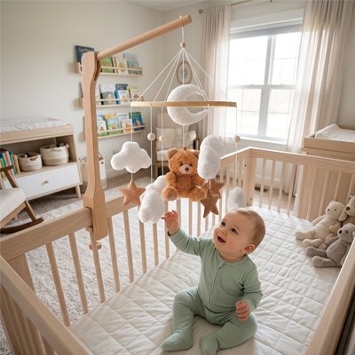 Mobile pour bébé en bois naturel avec ourson, nuages et étoiles dans une chambre lumineuse