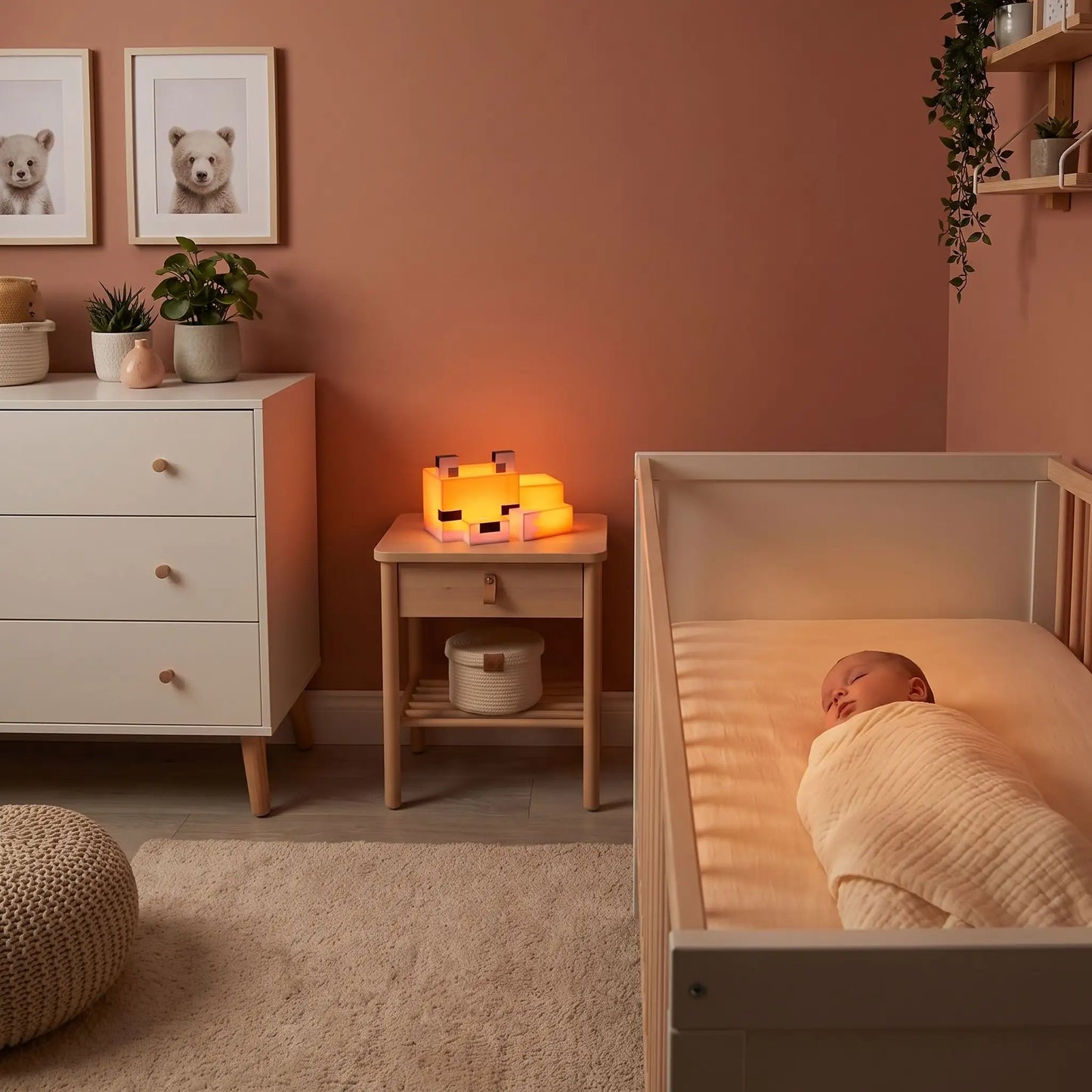 Renard veilleuse diffusant une lumière douce pour accompagner le sommeil de bébé