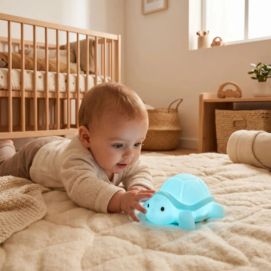 Bébé jouant avec une veilleuse tortue LED bleue sur un tapis dans une chambre lumineuse