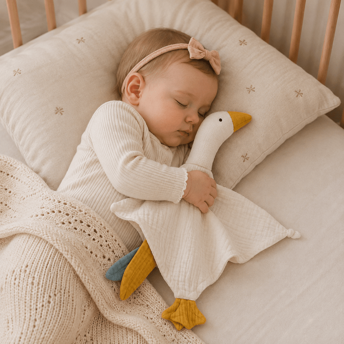 fillette dort paisiblement en serrant un doudou oie blanc dans son lit pour un sommeil doux et rassurant
