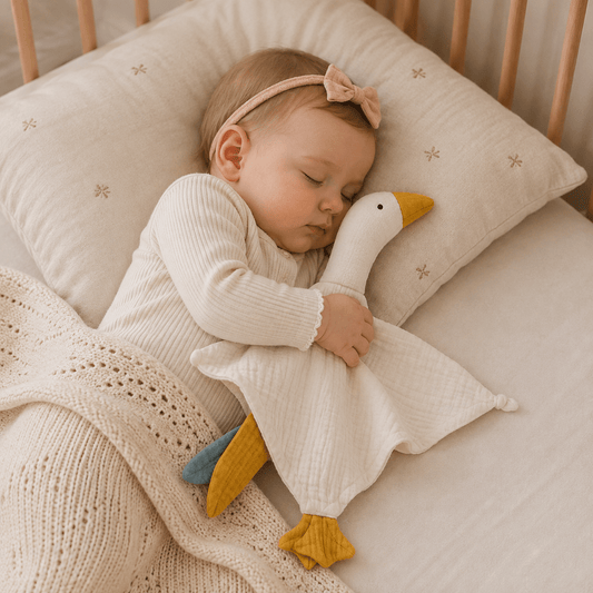 fillette dort paisiblement en serrant un doudou oie blanc dans son lit pour un sommeil doux et rassurant