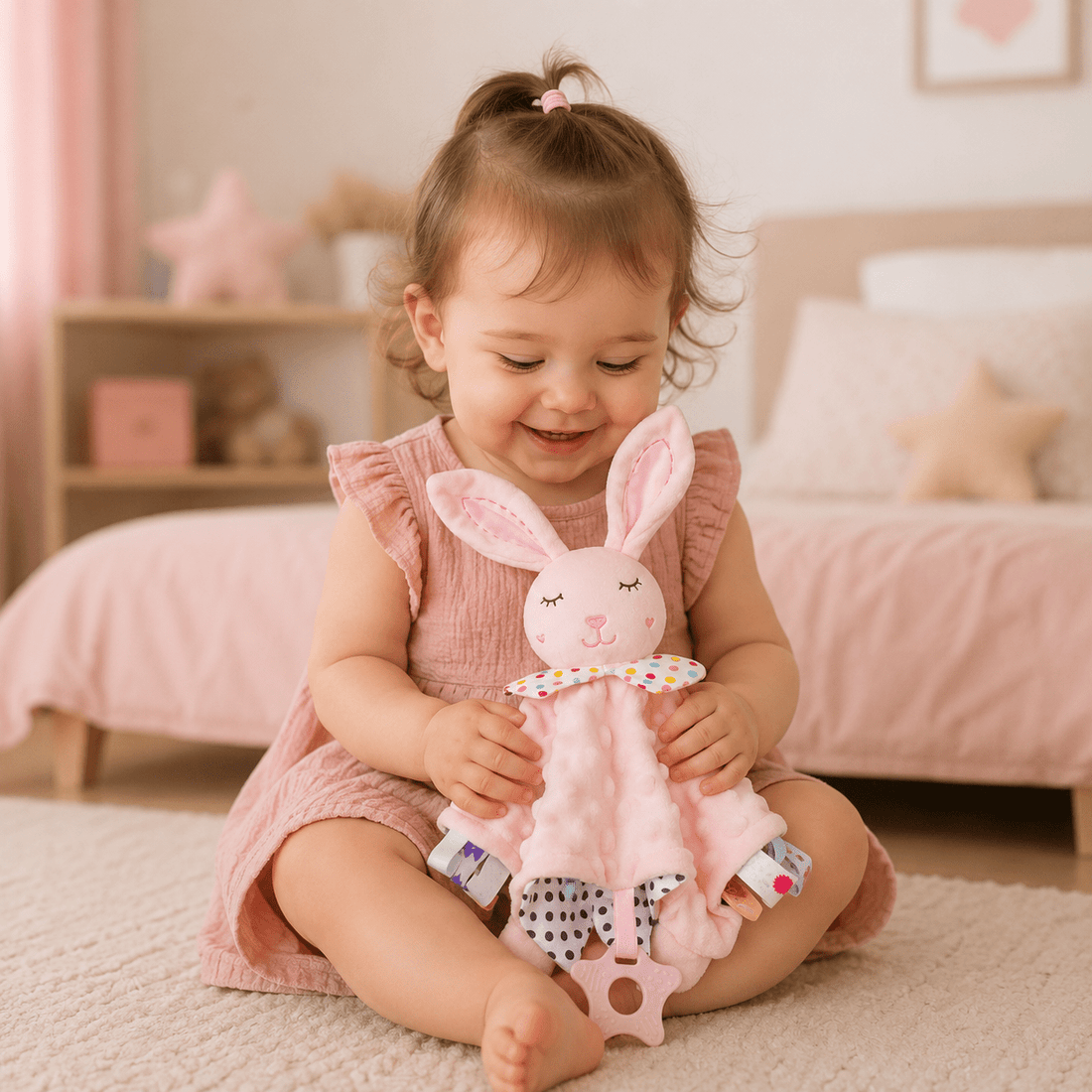 fillette joue avec son doudou bébé fille des differentes textures qui encouragent l exploration sensorielle