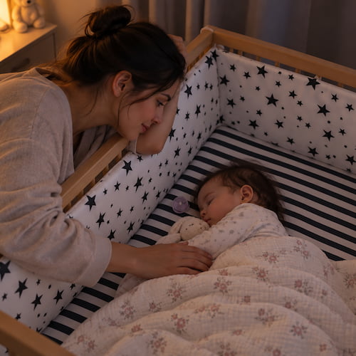 Tour de lit bébé complet motif etoiles noires avec maman pres de bebe endormi