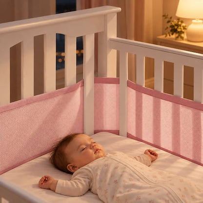 Tour de lit respirant rose installe autour du lit avec un bebe qui dort paisiblement