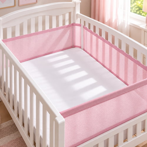 Tour de lit respirant rose installe dans un lit bebe complet