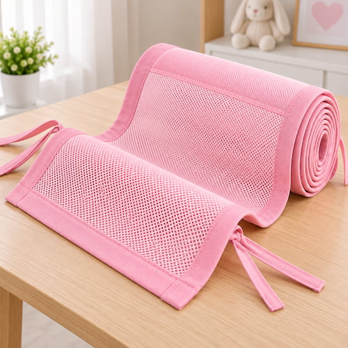 Tour de lit respirant rose plie sur une table