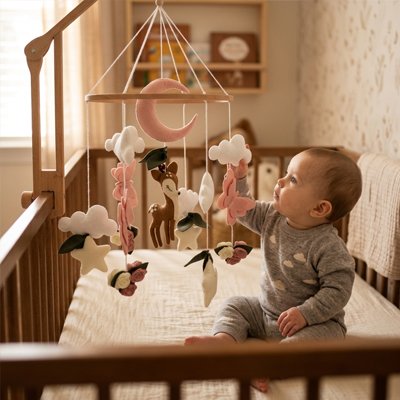 Bébé assis dans son lit observe un mobile bébé décoratif aux couleurs douces