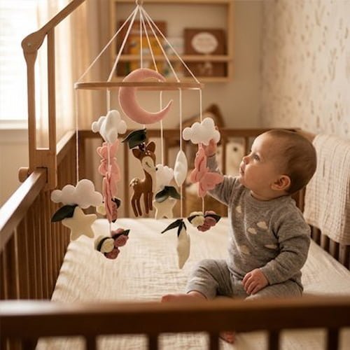 Bébé assis dans son lit observe un mobile bébé décoratif aux couleurs douces