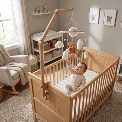 Bébé assis dans son lit observe un mobile pour bébé en bois aux couleurs douces