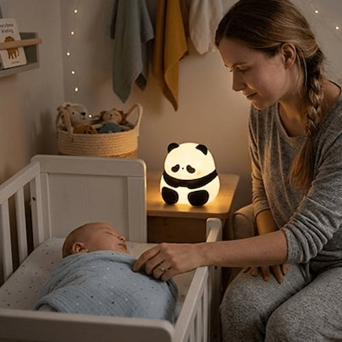 bebe avec sa mere dans sa chambre lumineuse d une veilleuse bebe panda