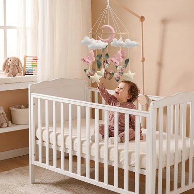 Bébé dans son lit tend les mains vers un joli mobile bébé aux motifs floraux