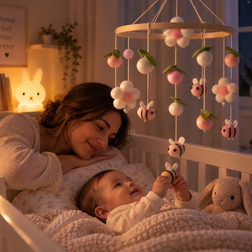 Bébé découvre un mobile bebe abeille rose avec maman avant le coucher