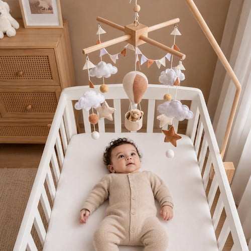 bebe decouvre un mobile pour bebe montgolfiere beige