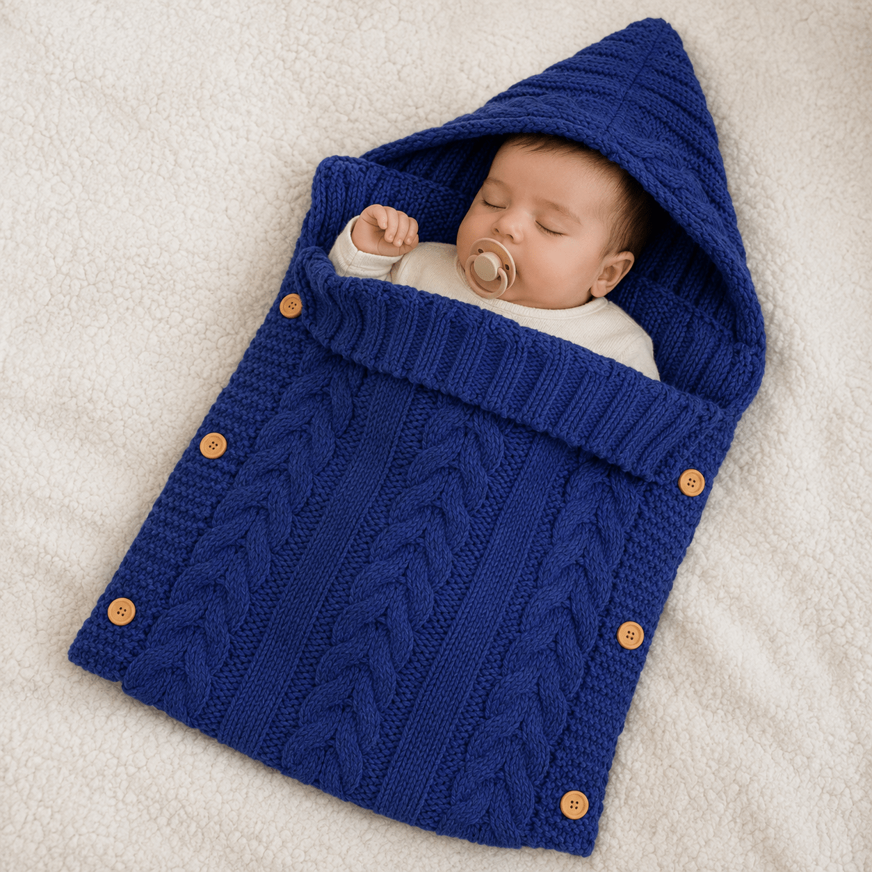 bebe dormant paisiblement dans un nid d'ange cosy torsade bleu avec capuche doux chaud et confortable