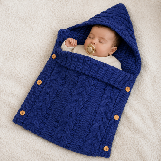 bebe dormant paisiblement dans un nid d'ange cosy torsade bleu avec capuche doux chaud et confortable