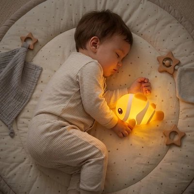 bebe dormant paisiblement en serrant une veilleuse poisson clown en silicone a lumiere chaude et reconfortante