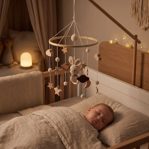 bebe dort avec un mobile lit bébé lapin en bois dans une chambre douce