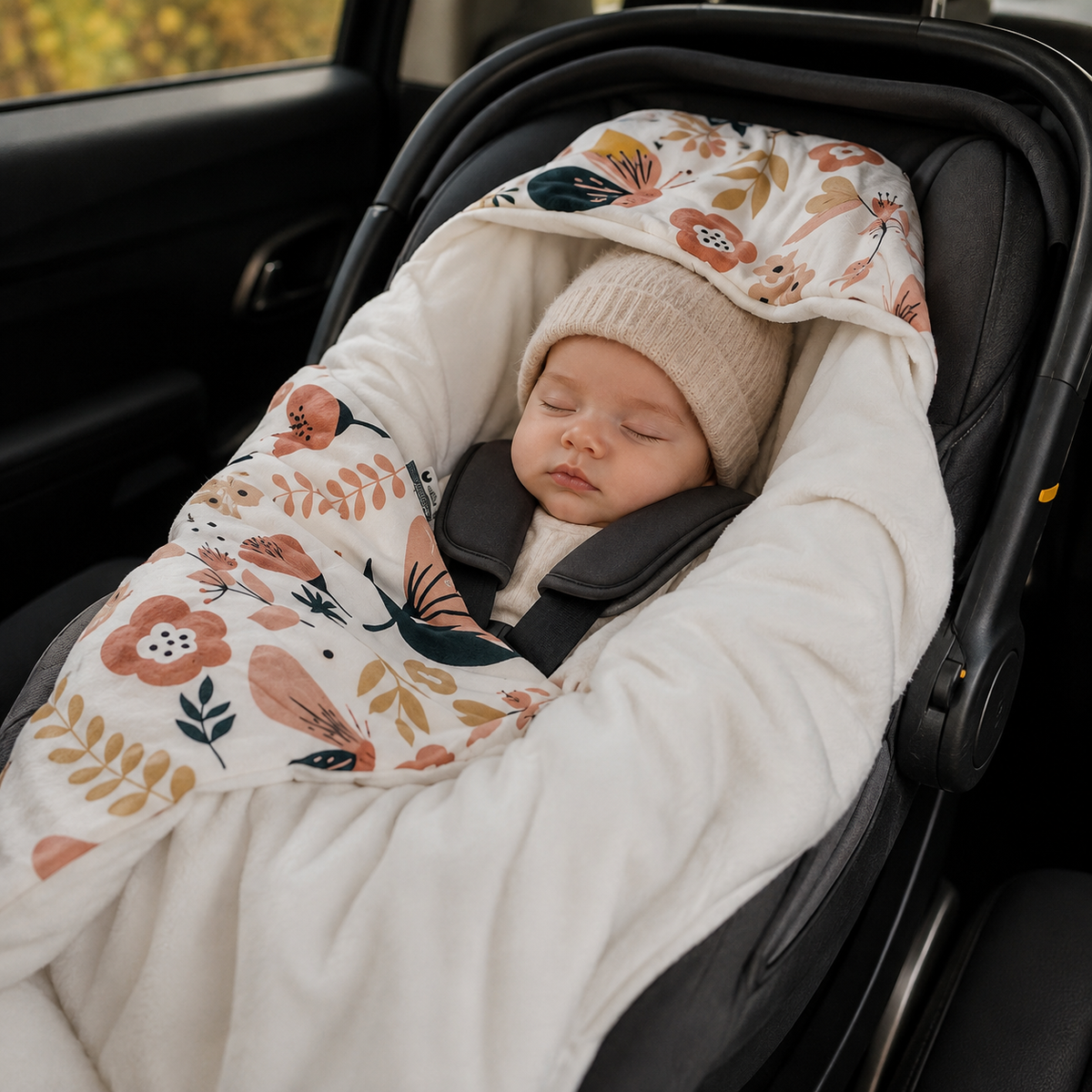Bébé dort confortablement dans son siège auto, enveloppé d'un nid d ange siege auto à motif fleurs