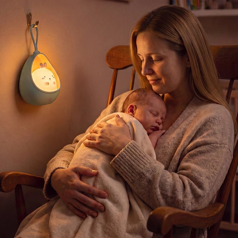 Bébé dort dans les bras de sa maman avec une veilleuse pour bebe à lumière douce