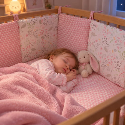 Bébé dort dans son lit avec un tour de lit bebe rose à motifs cygles et fleurs