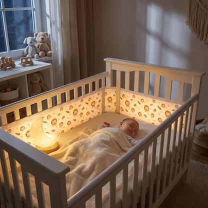 bebe dort dans un lit en bois avec un tour de lit respirant motif lion