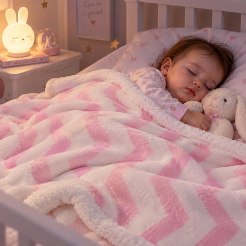 Bébé dort la nuit avec une couverture bébé rose à motifs chevrons