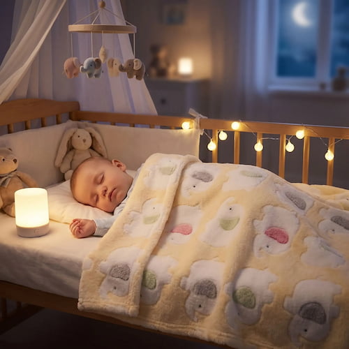Bébé dort la nuit dans son lit avec une couverture bébé polaire jaune à motifs d’éléphants doux