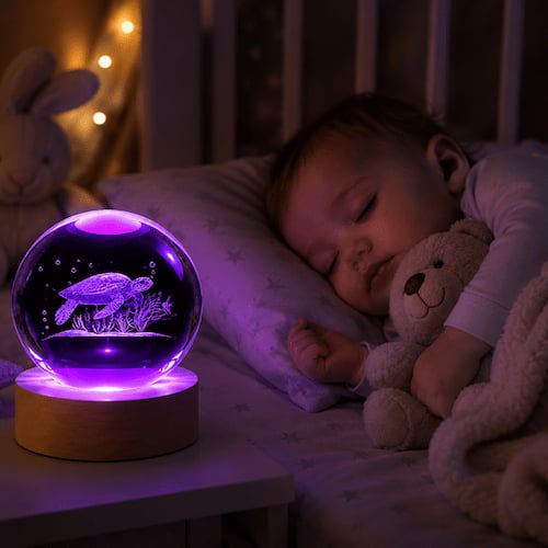bebe dort paisiblement a cote d une tortue veilleuse violette diffusant une lumiere douce et apaisante