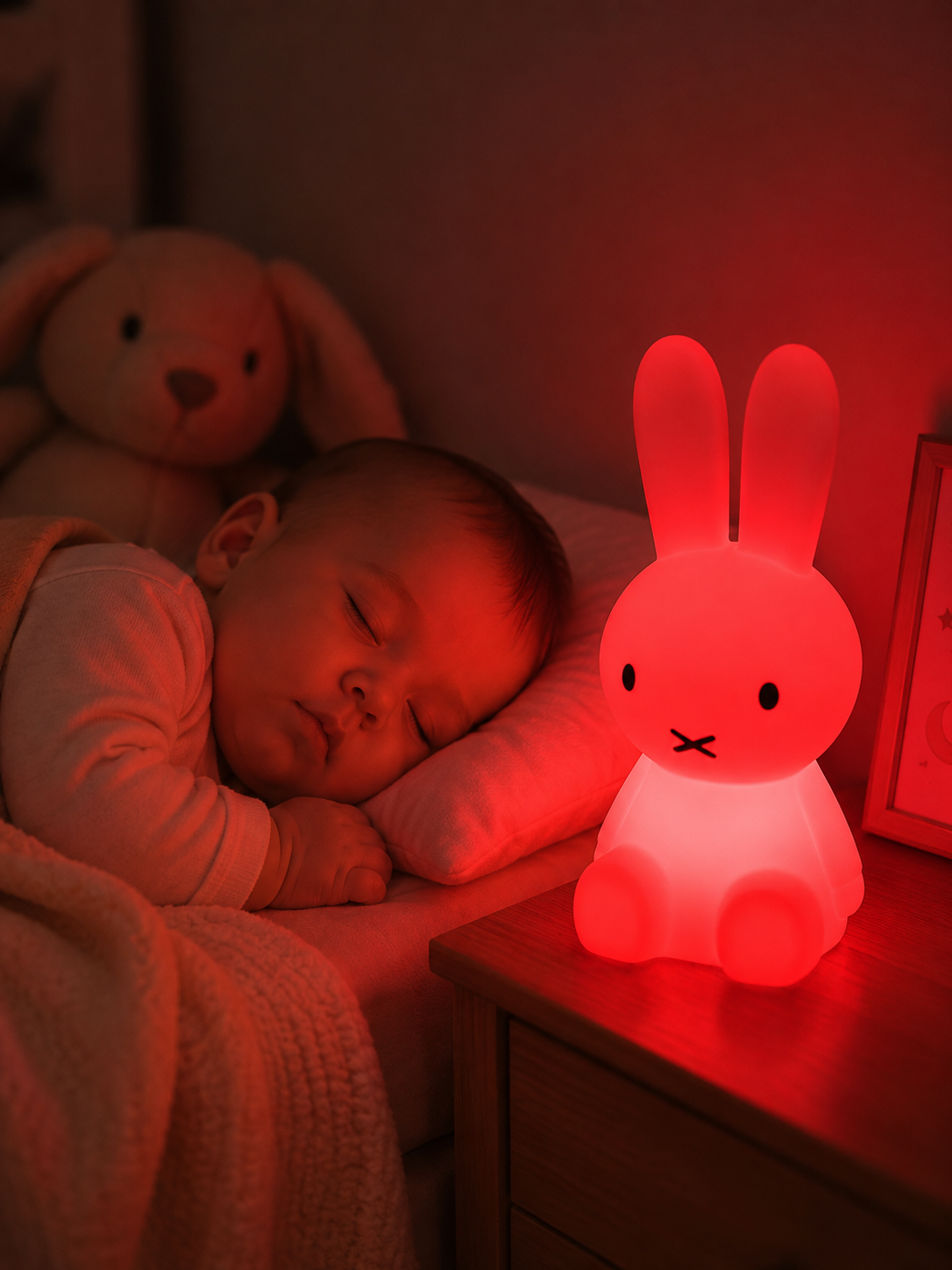Bébé dort paisiblement à côté d'une veilleuse lapin rouge diffusant une lumière tamisée