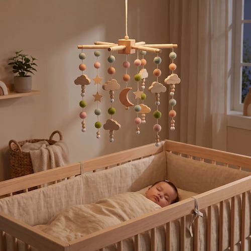 Bebe dort paisiblement avec un mobile bebe etoiles et lunes aux couleurs douces dans sa chambre
