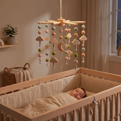 Bebe dort paisiblement avec un mobile bebe etoiles et lunes aux couleurs douces dans sa chambre