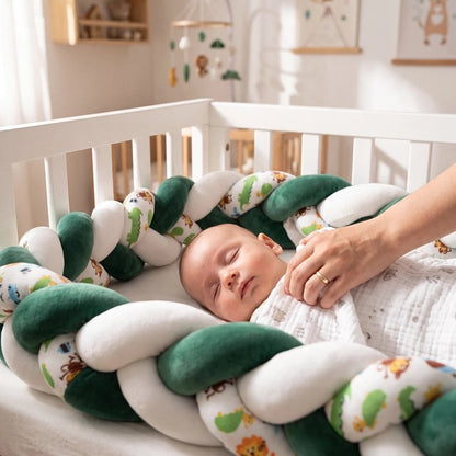 Bébé dort paisiblement avec une tresse de lit bébé verte, blanche et à motifs animaux