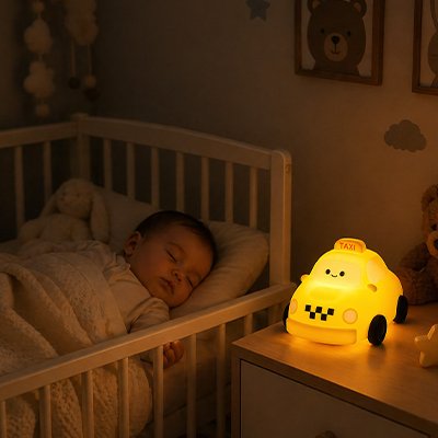 bebe dort paisiblement avec veilleuse bebe taxi lumineuse sur table de chevet.