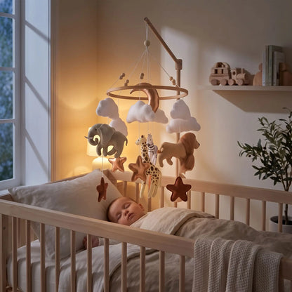 Bébé dort paisiblement dans son lit avec un mobile bébé animaux de la savane dans la nuit