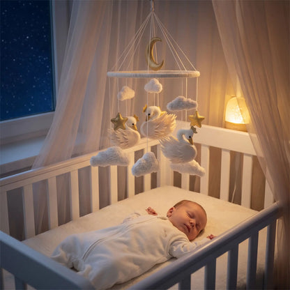 Bébé dort paisiblement dans son lit avec un mobile lit bébé motif le cygne lune doréenuages et cygnes