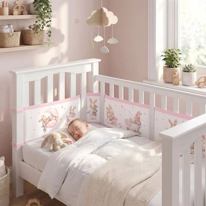 Bébé dort paisiblement dans son lit avec un tour de lit respirant motif lapin rose