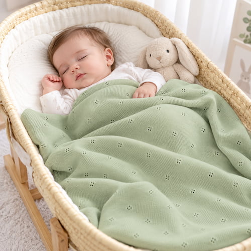 bebe dort paisiblement dans un couffin en osier sous une couverture bebe tricot verte