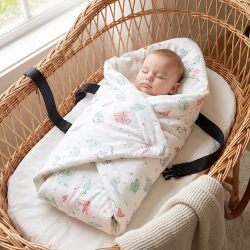 Bébé dort paisiblement dans un nid d ange siege auto au motif éléphant coloré bien au chaud dans son berceau