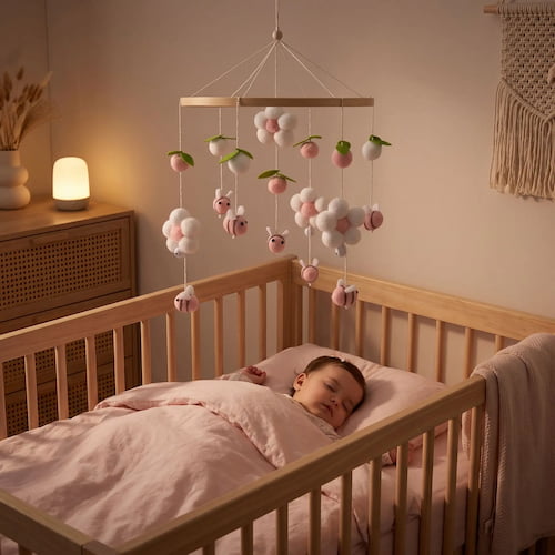 Bébé dort paisiblement sous un mobile bebe abeille rose avec fleurs et fruits en feutrine