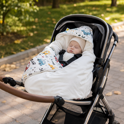 bebe dort paisiblementdans une poussette bien au chaud grace au nid d ange siege auto motif voitures