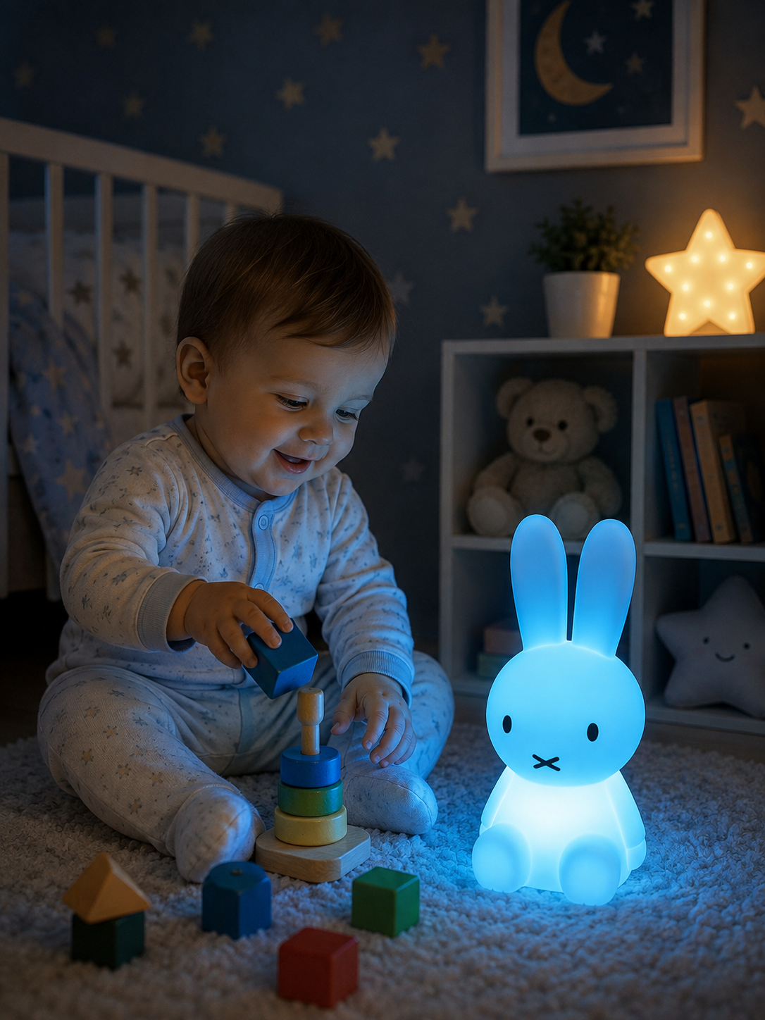 Bébé en pyjama jouant avec une veilleuse lapin bleue dans sa chambre avant le coucher