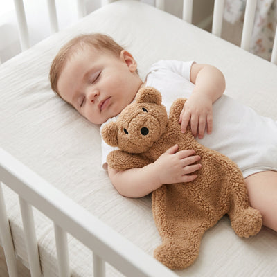 bebe endormi avec son doudou prefere dans son lit